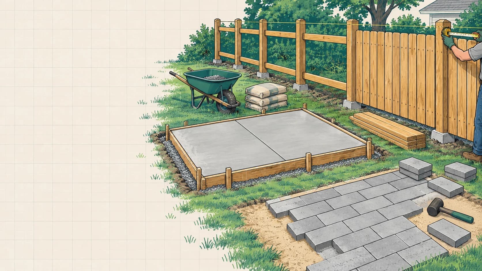 Illustration: a backyard with a wooden fence being built, a fresh concrete slab in its forms and pavers being laid