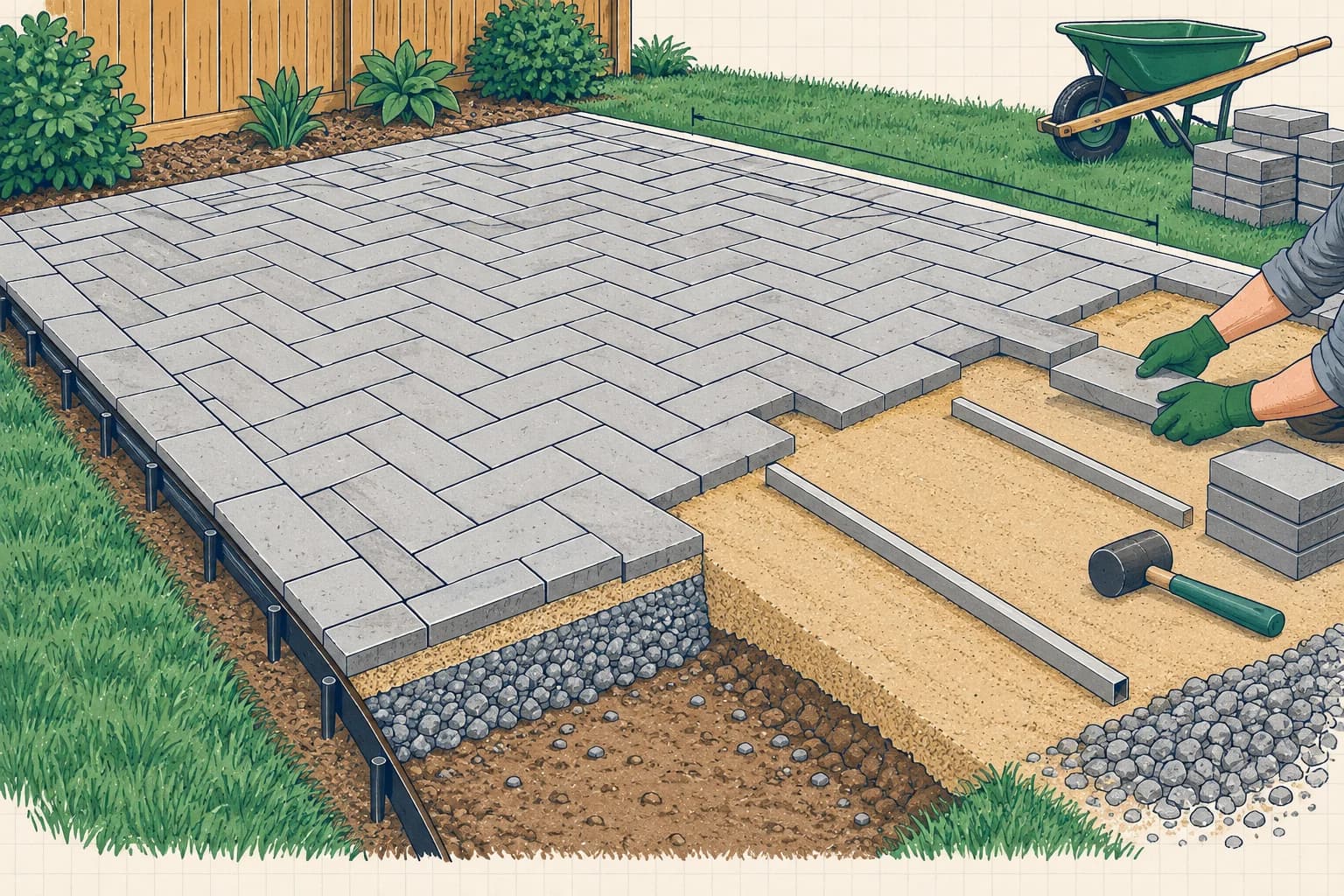 Illustration: a paver patio being laid in herringbone, with a cut-away showing gravel base, sand and pavers