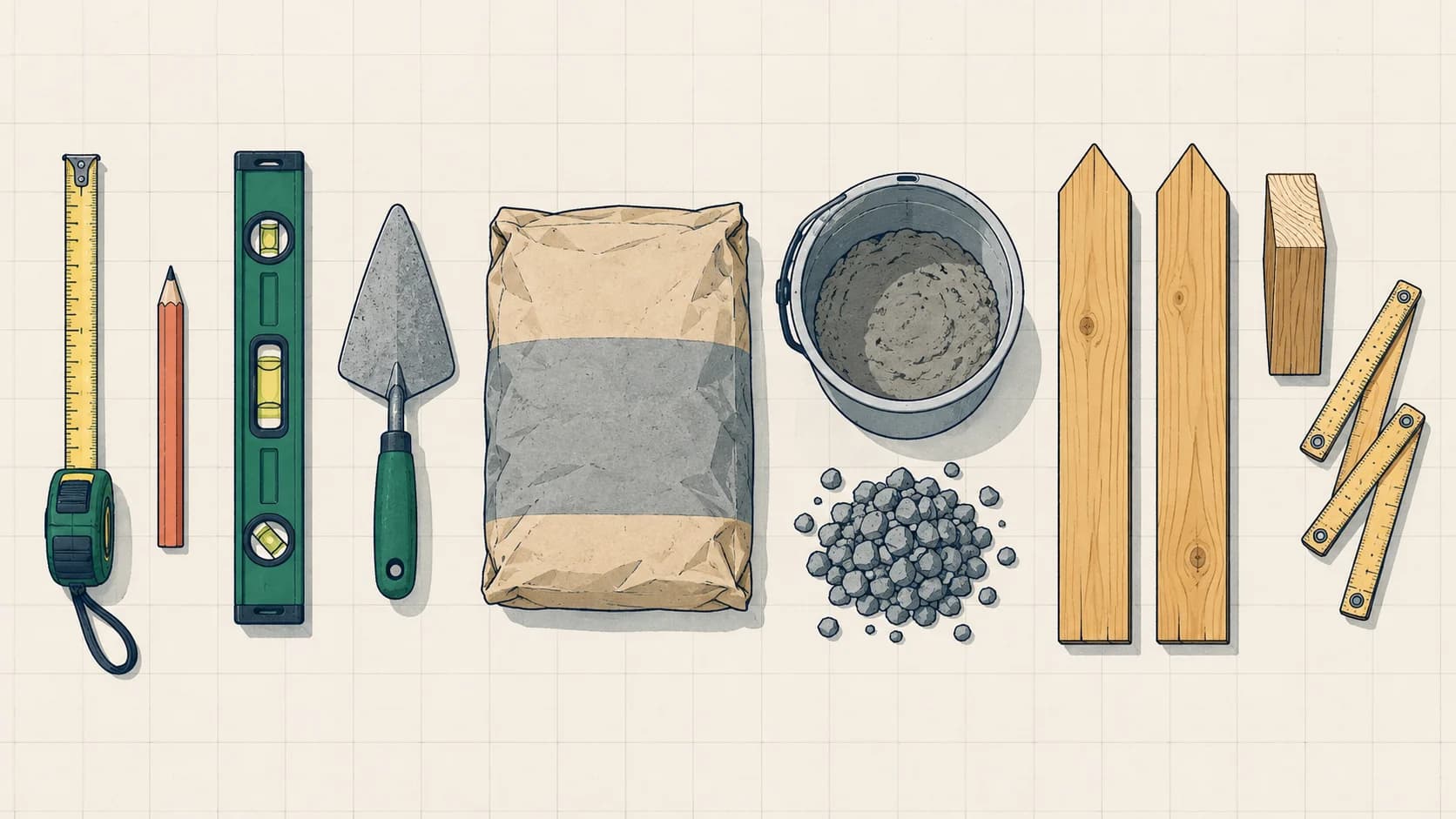 Illustration: a flat-lay of a tape measure, level, trowel, pencil, bucket, gravel and a bag of concrete mix