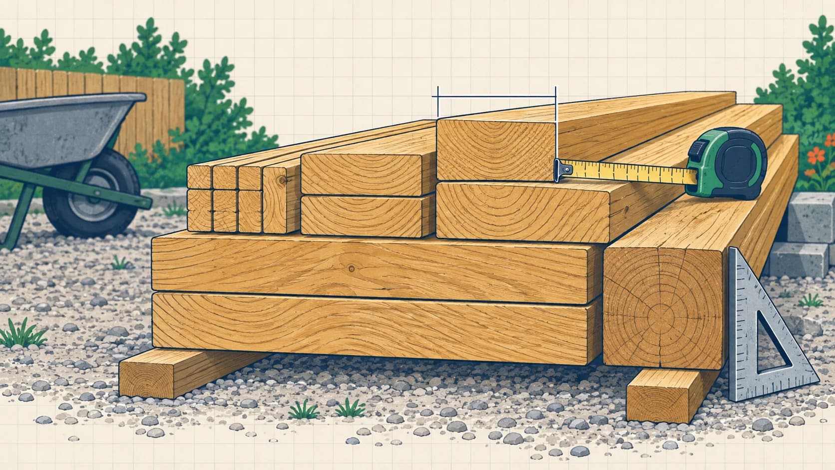Illustration: a stack of dimensional lumber seen from the end, with a tape measure and a square